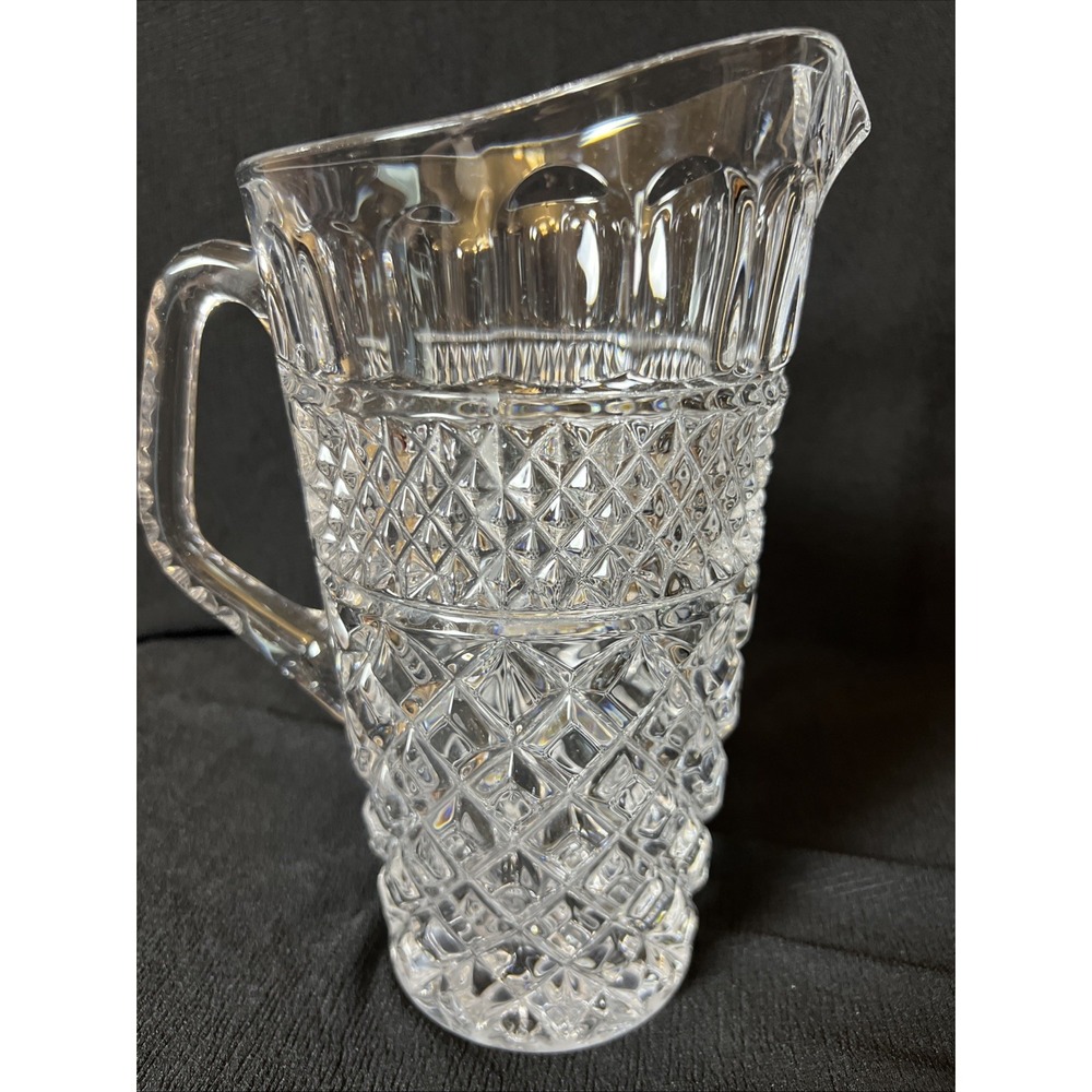 Vintage Heavy Clear Pressed Glass Water Pitcher Diamond Pyramid Pattern 1.5qt 9"